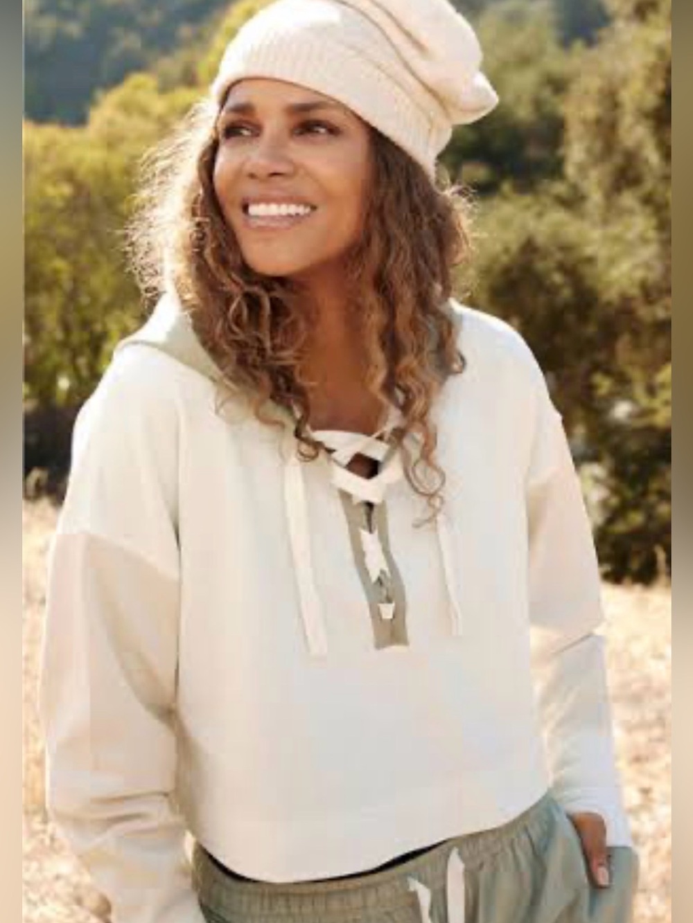 Limited Edition Sweaty Betty x Halle Berry Laced Waffle Hoodie in Sage and Cream